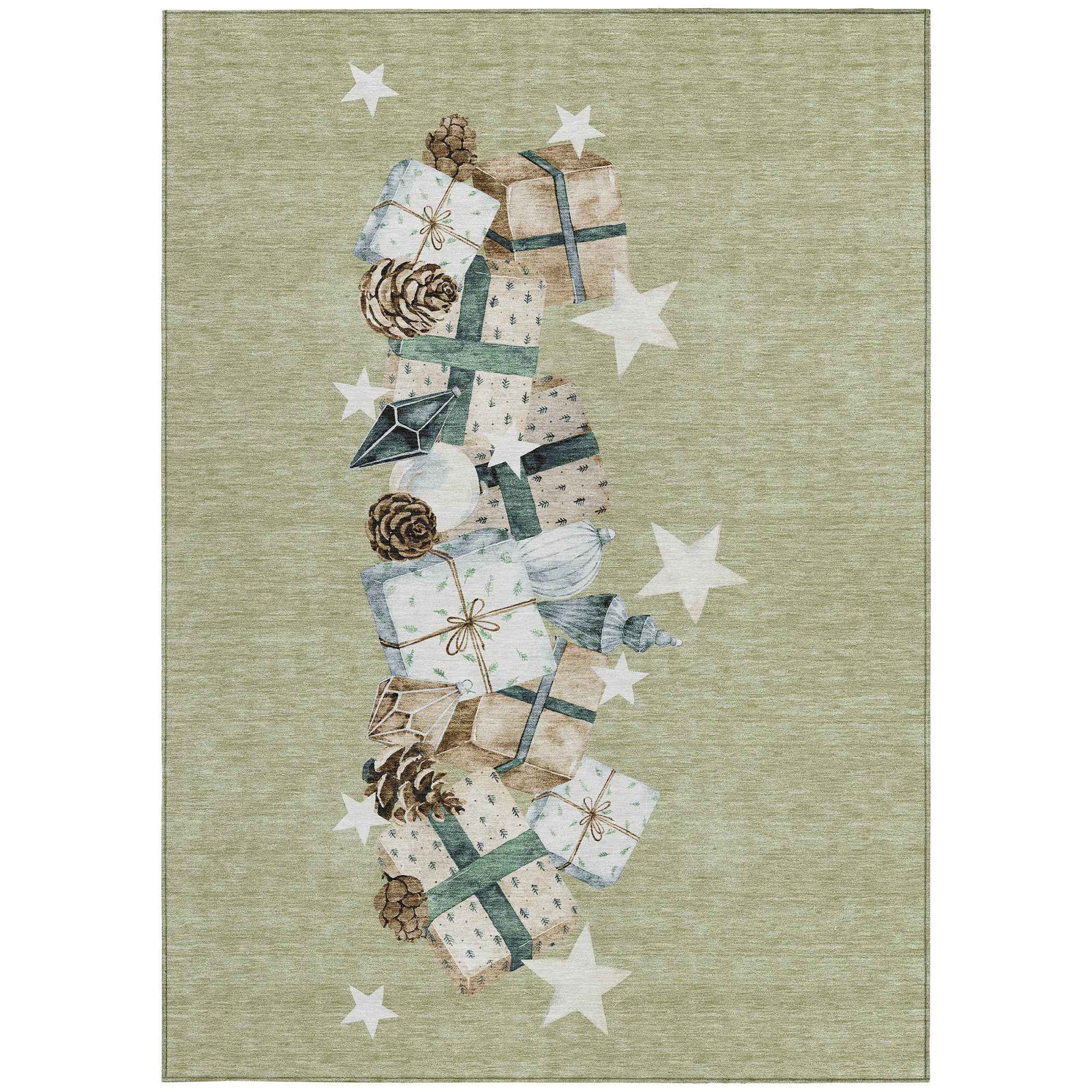 5' X 8' Artichoke Green Beige Ivory And Taupe Geometric Washable Indoor Outdoor Area Rug