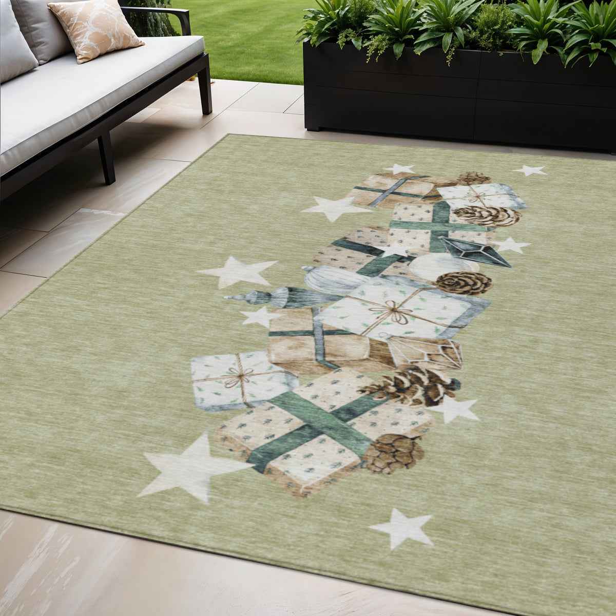 5' X 8' Artichoke Green Beige Ivory And Taupe Geometric Washable Indoor Outdoor Area Rug