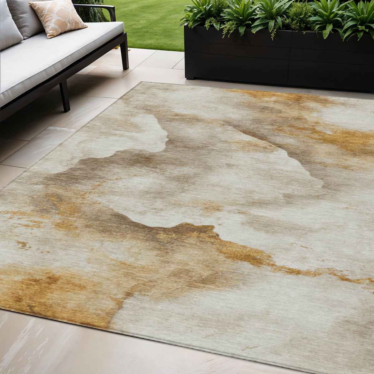 5' X 8' Beige And Gold Abstract Washable Indoor Outdoor Area Rug