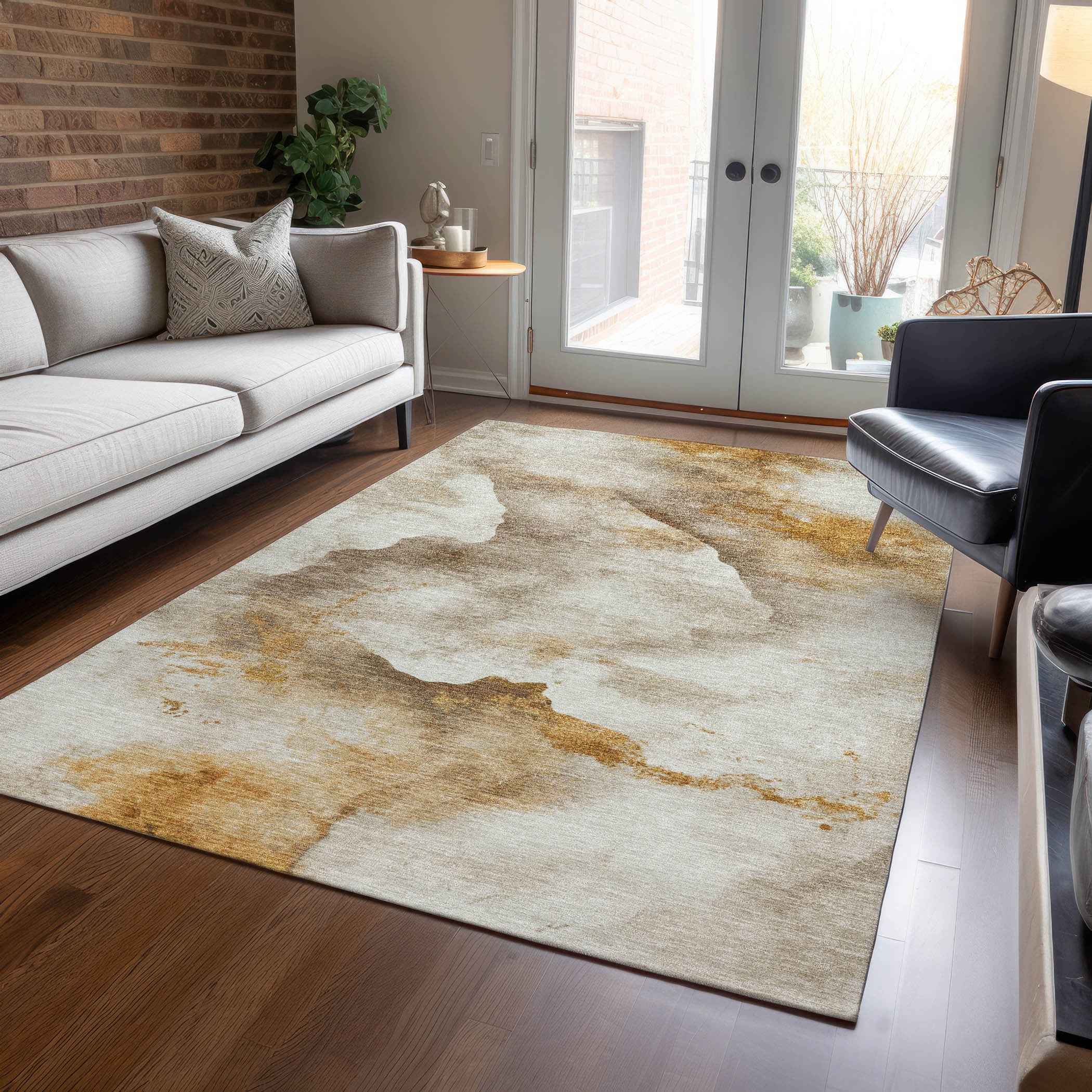 5' X 8' Beige And Gold Abstract Washable Indoor Outdoor Area Rug