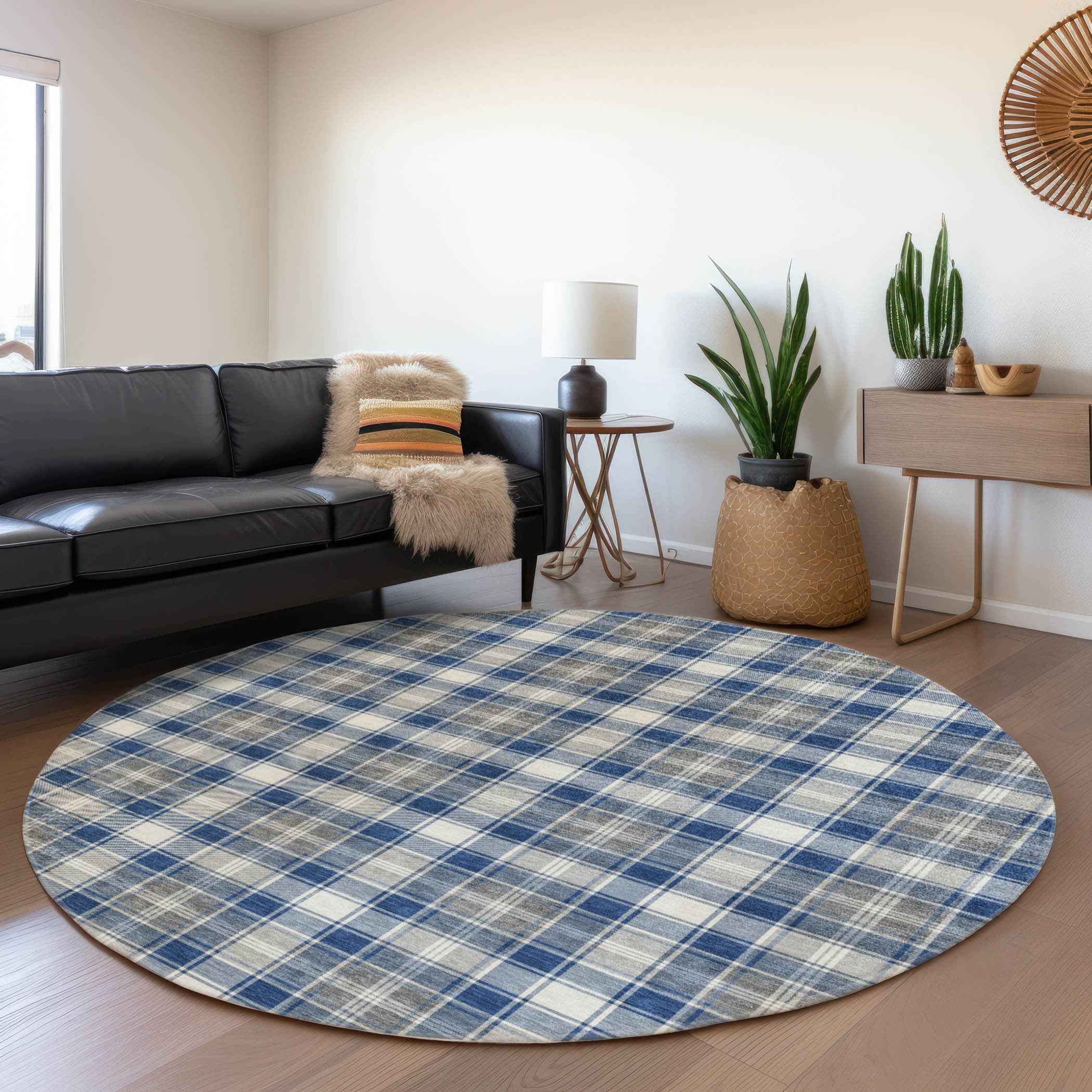 8' Navy Blue Ivory And Gray Round Plaid Washable Indoor Outdoor Area Rug