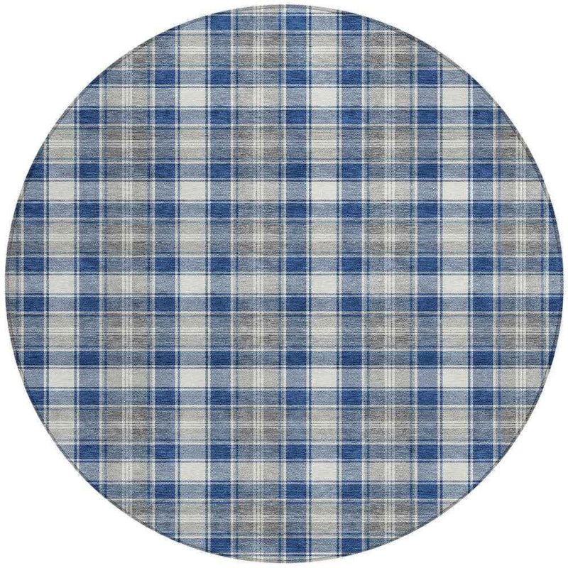 8' Navy Blue Ivory And Gray Round Plaid Washable Indoor Outdoor Area Rug