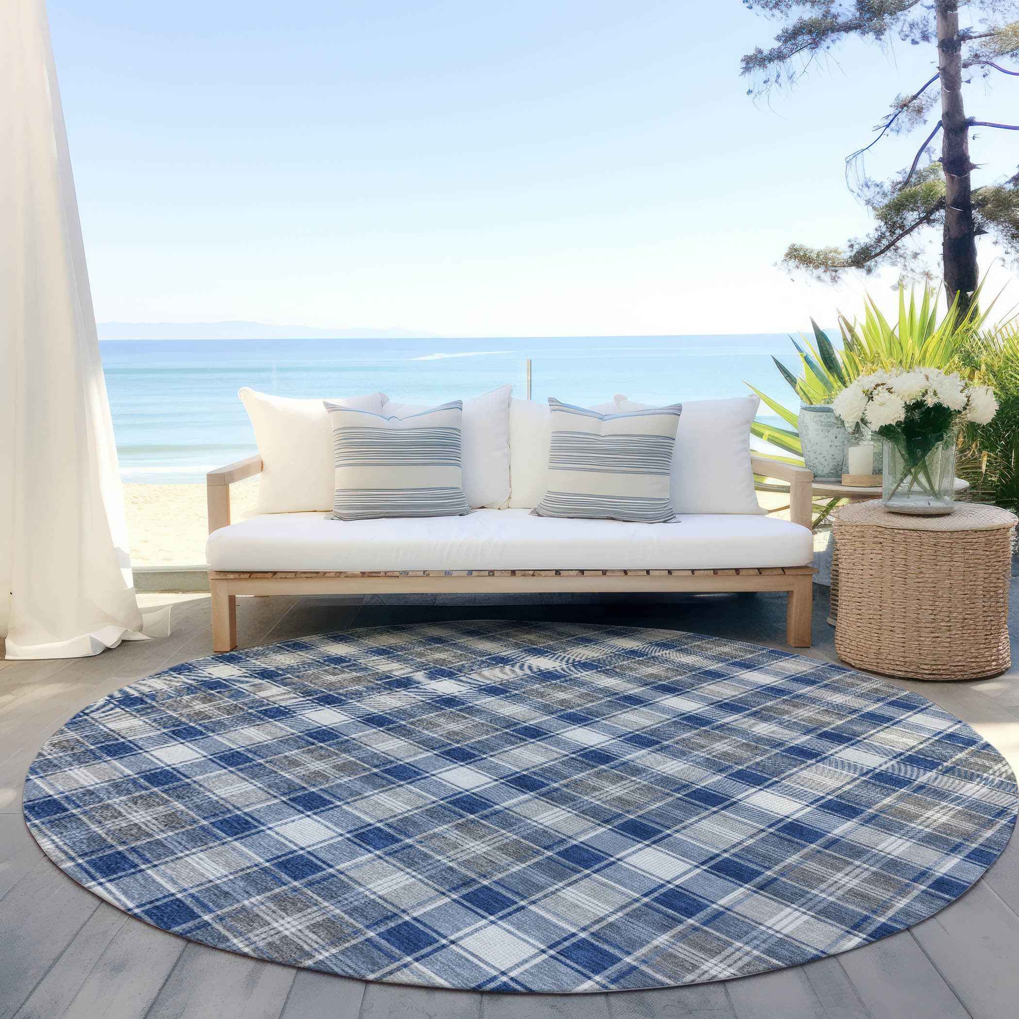 8' Navy Blue Ivory And Gray Round Plaid Washable Indoor Outdoor Area Rug