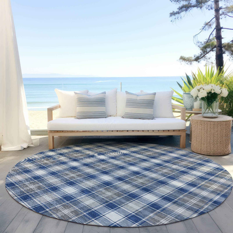 8' Navy Blue Ivory And Gray Round Plaid Washable Indoor Outdoor Area Rug