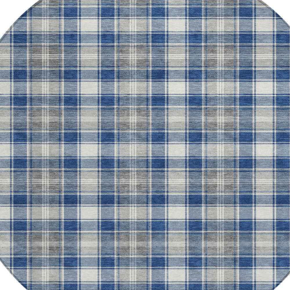 8' Navy Blue Ivory And Gray Round Plaid Washable Indoor Outdoor Area Rug