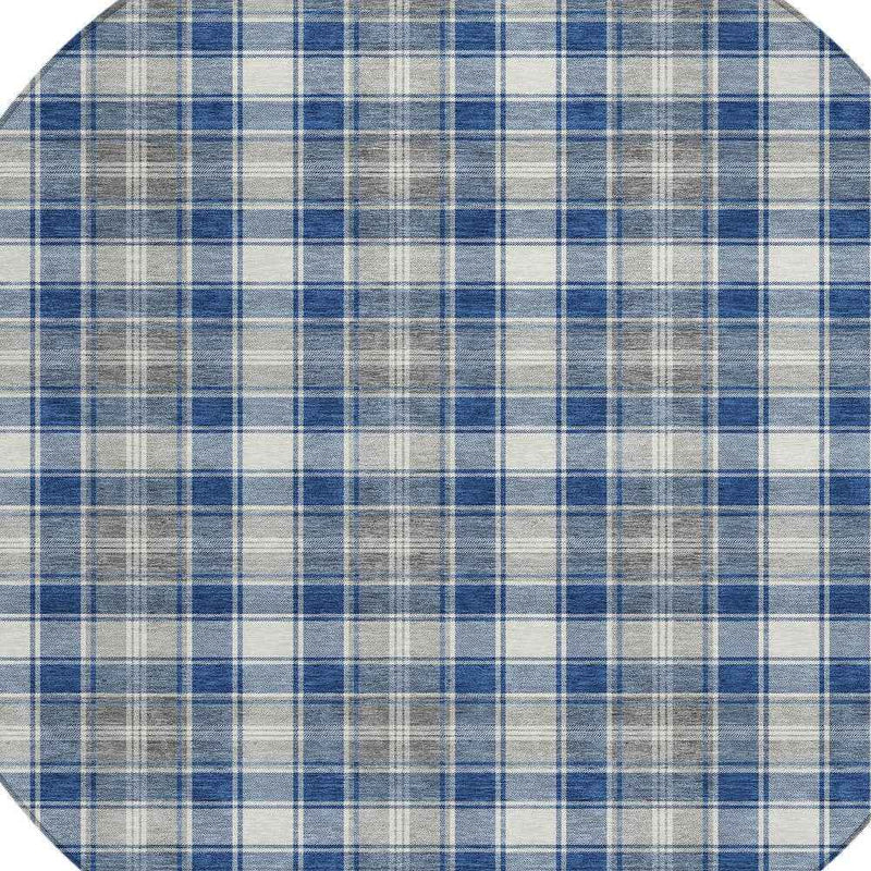 8' Navy Blue Ivory And Gray Round Plaid Washable Indoor Outdoor Area Rug
