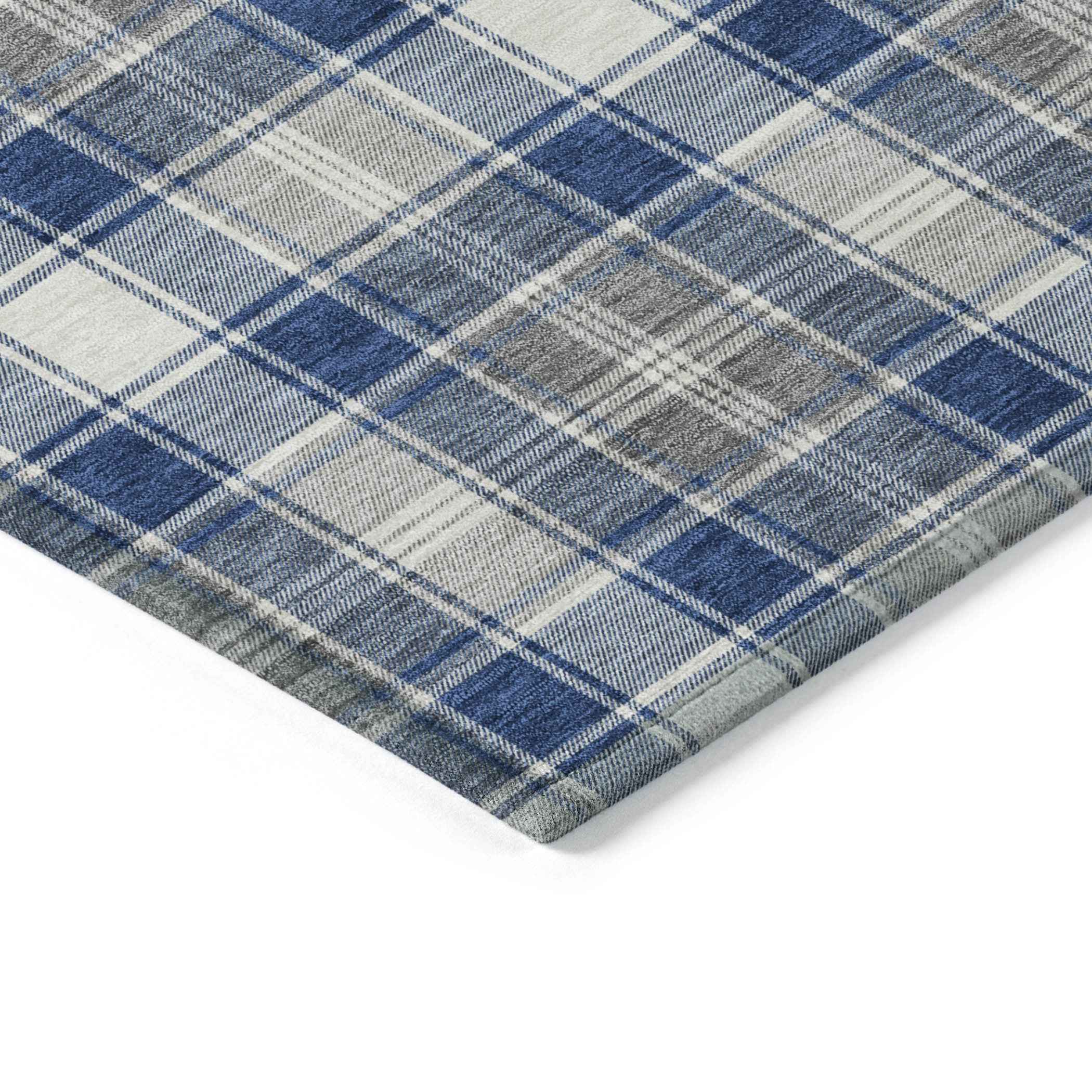 8' Navy Blue Ivory And Gray Round Plaid Washable Indoor Outdoor Area Rug