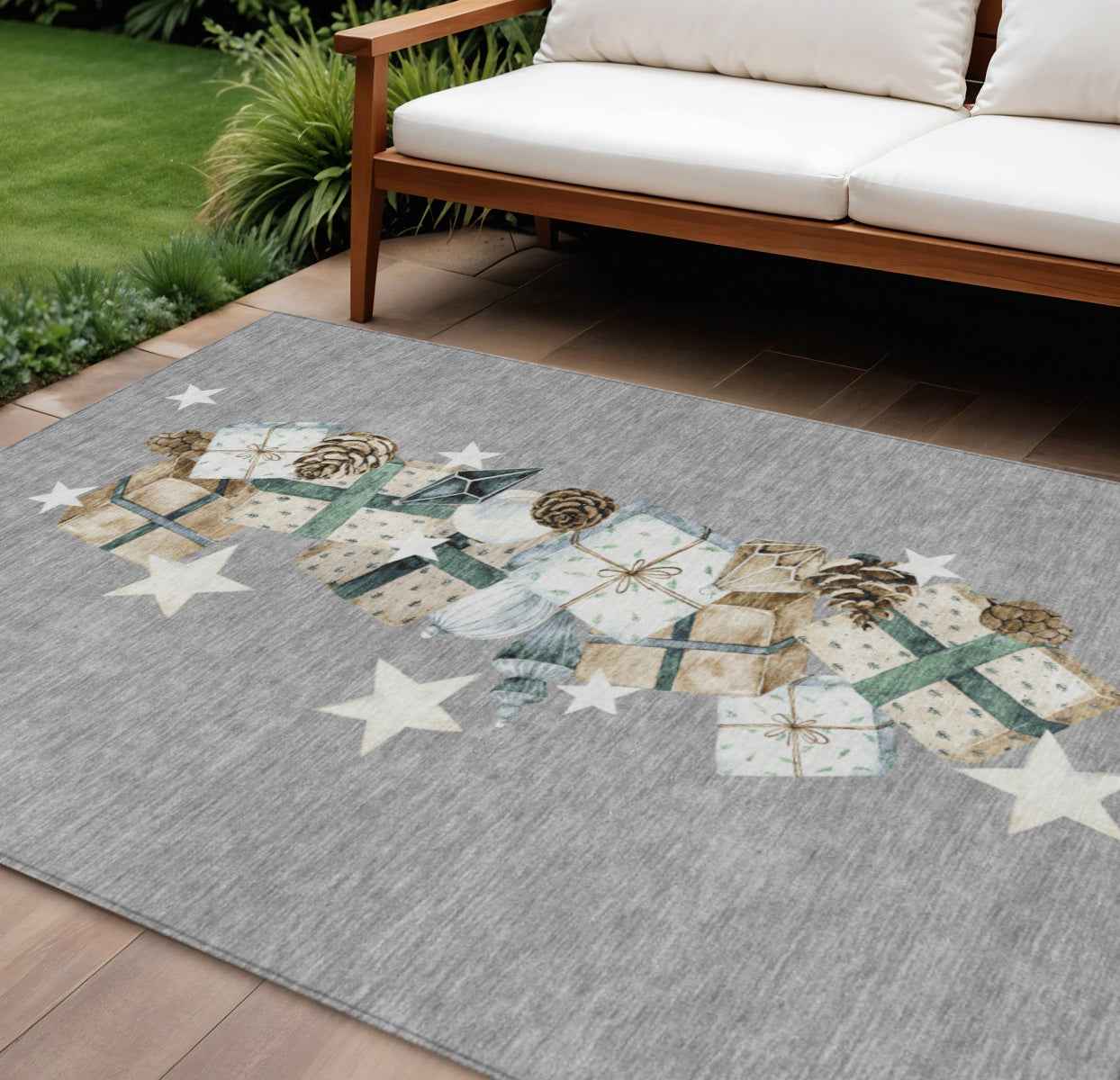 9' X 12' Gray Beige Ivory And Taupe Geometric Washable Indoor Outdoor Area Rug