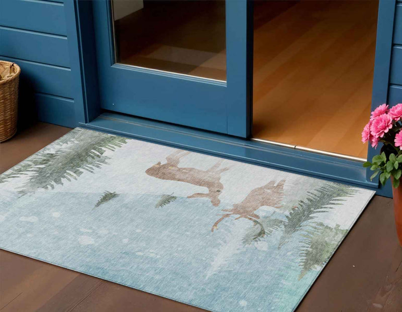 3' X 5' Sky Blue Sage Ivory And Khaki Animal Print Washable Indoor Outdoor Area Rug