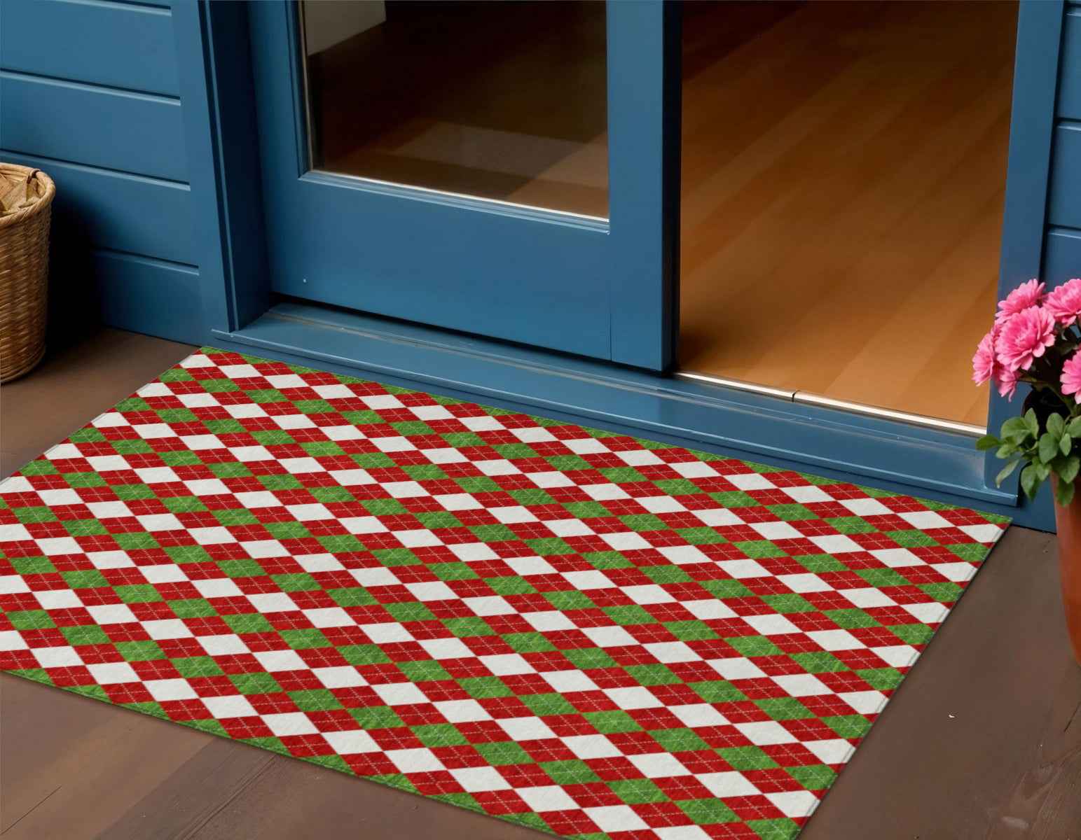3' X 5' Red White And Green Argyle Washable Indoor Outdoor Area Rug
