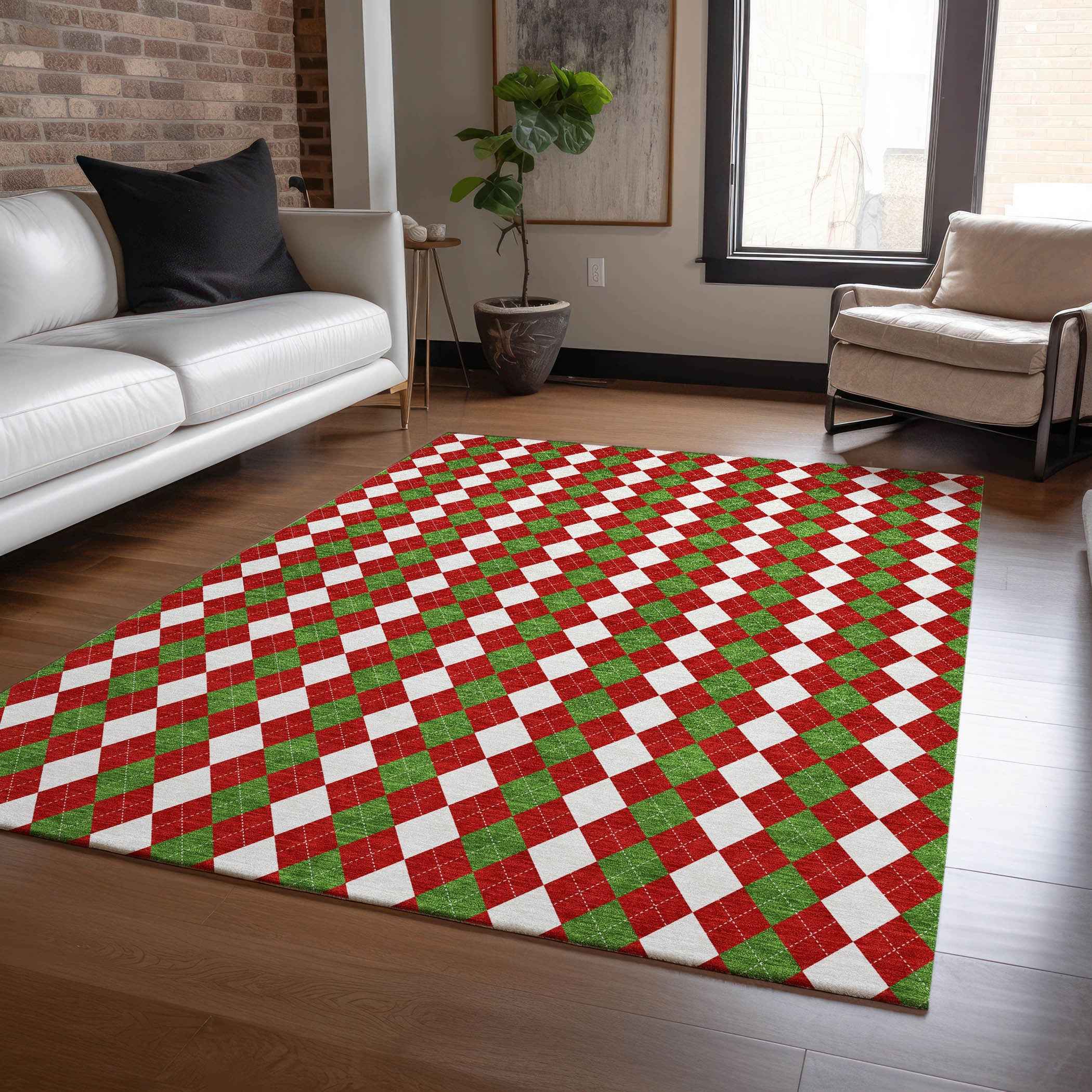 3' X 5' Red White And Green Argyle Washable Indoor Outdoor Area Rug