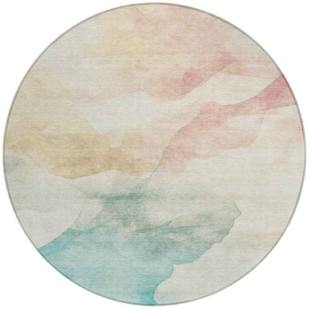 8' Pearl Ivory Beige And Teal Blue Round Abstract Washable Indoor Outdoor Area Rug