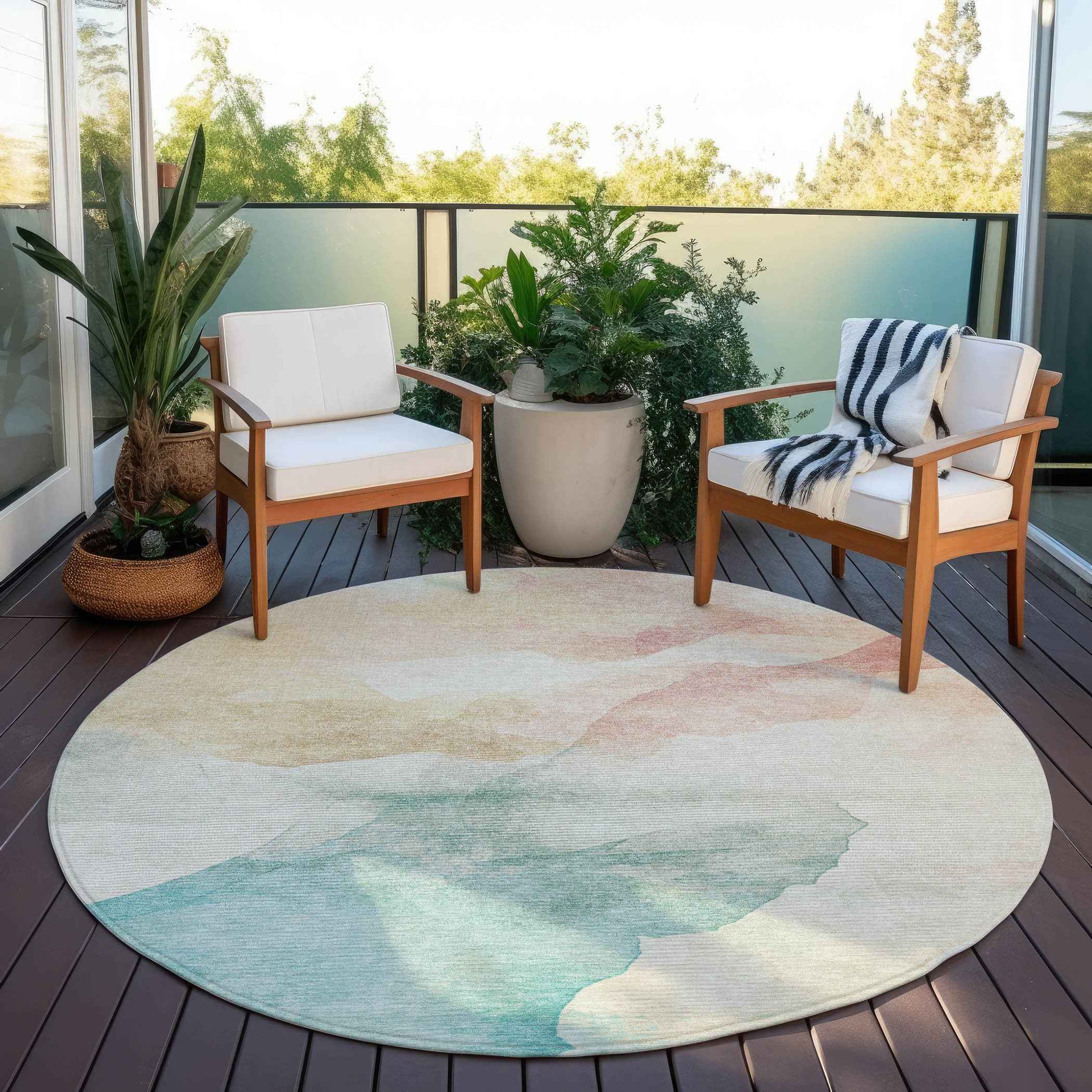 8' Pearl Ivory Beige And Teal Blue Round Abstract Washable Indoor Outdoor Area Rug