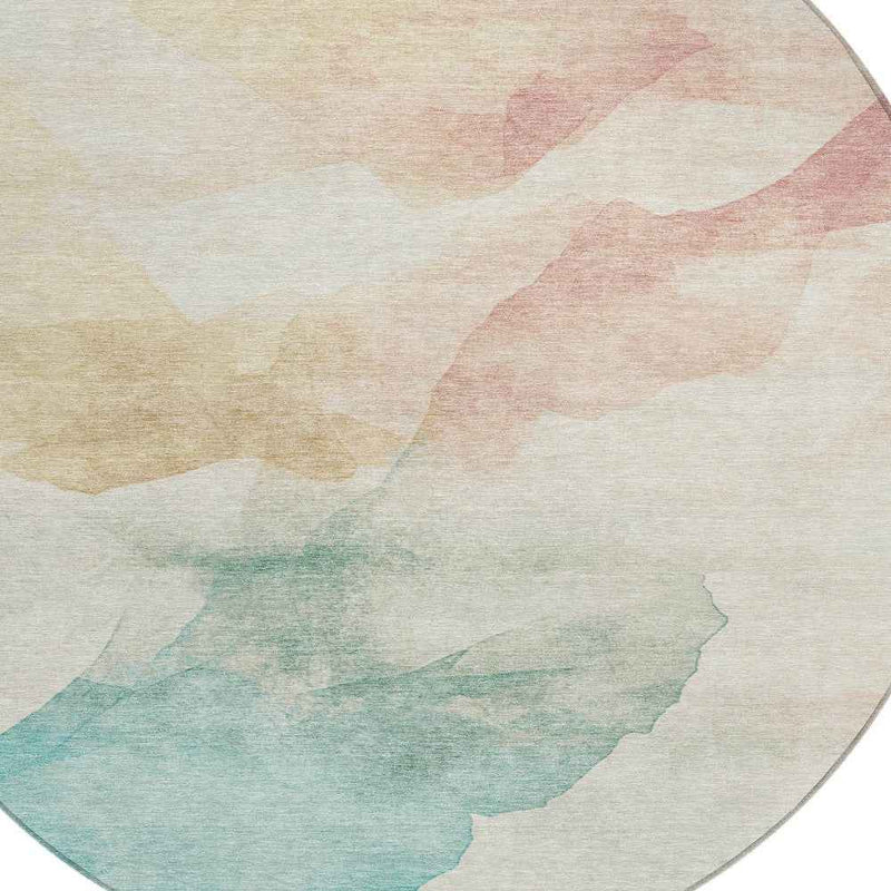 8' Pearl Ivory Beige And Teal Blue Round Abstract Washable Indoor Outdoor Area Rug