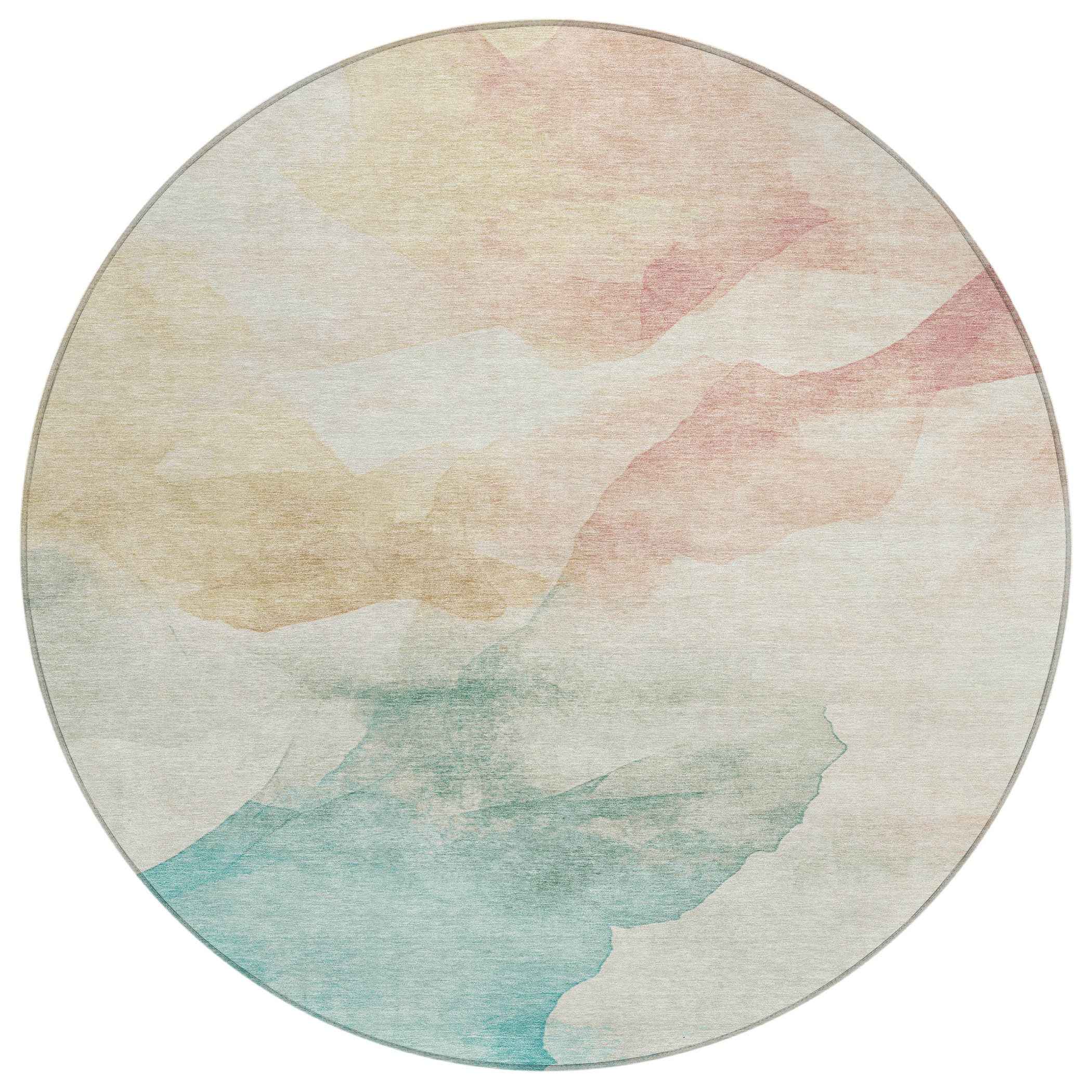 8' Pearl Ivory Beige And Teal Blue Round Abstract Washable Indoor Outdoor Area Rug