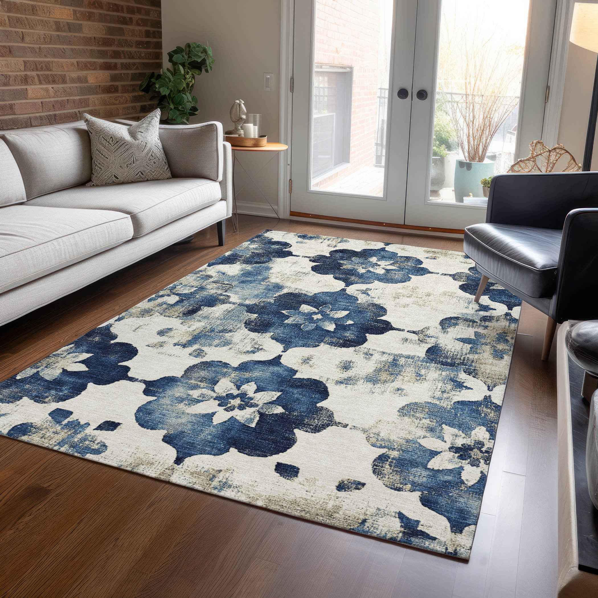 8' X 10' Navy Blue And Ivory Floral Washable Indoor Outdoor Area Rug