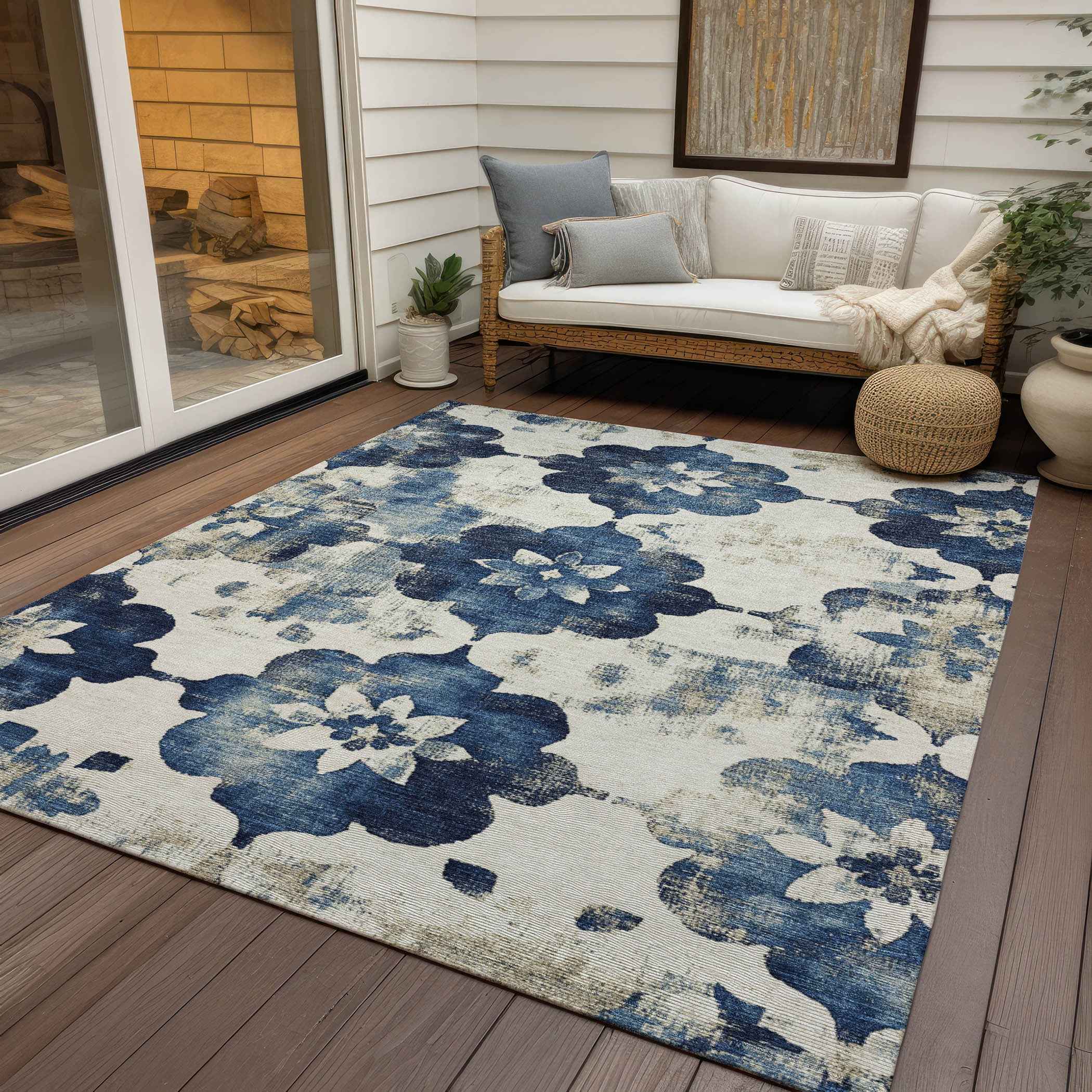 8' X 10' Navy Blue And Ivory Floral Washable Indoor Outdoor Area Rug