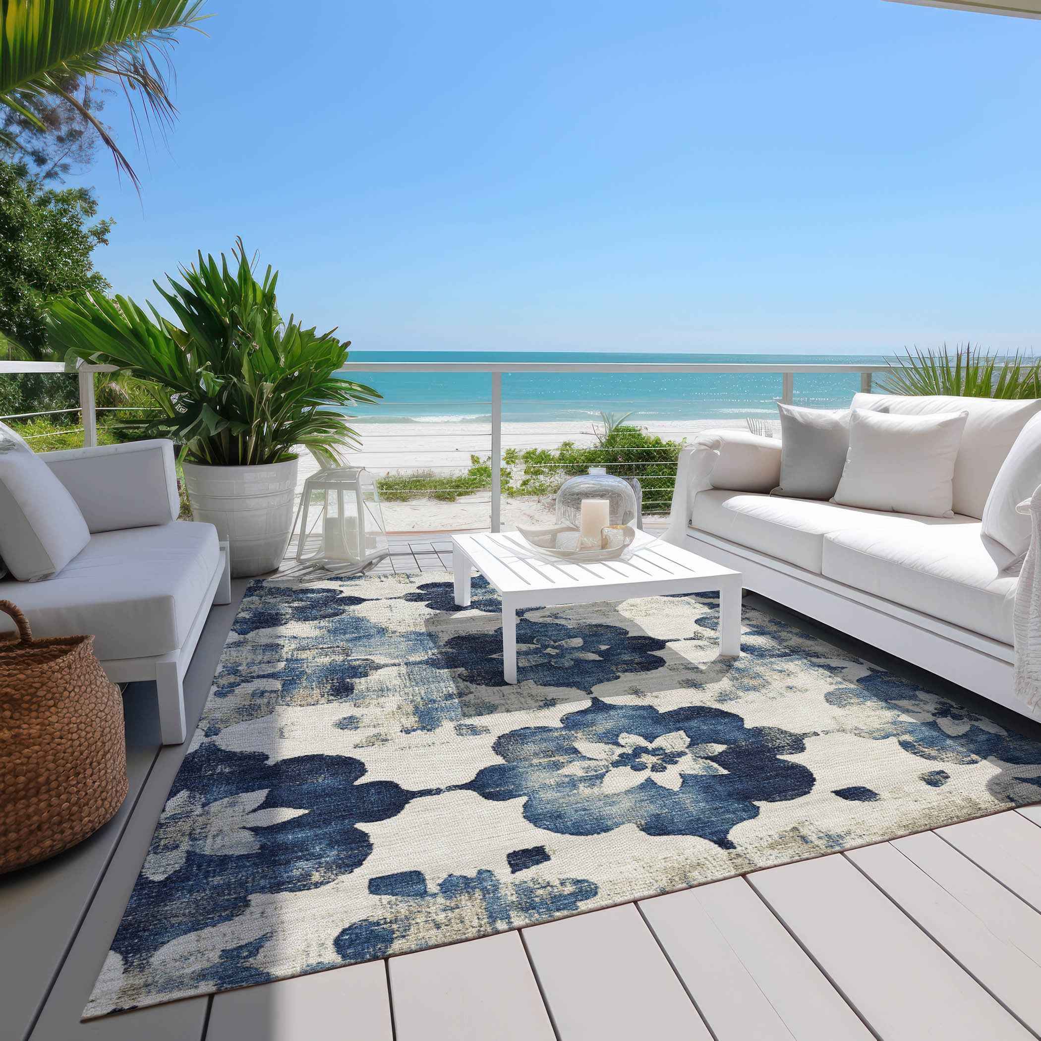 8' X 10' Navy Blue And Ivory Floral Washable Indoor Outdoor Area Rug