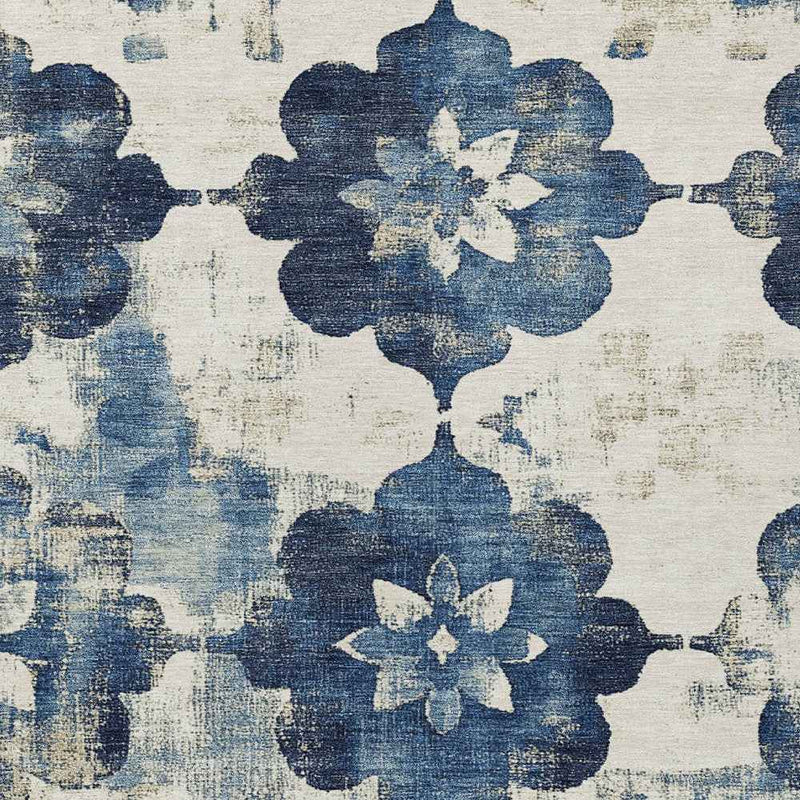 8' X 10' Navy Blue And Ivory Floral Washable Indoor Outdoor Area Rug