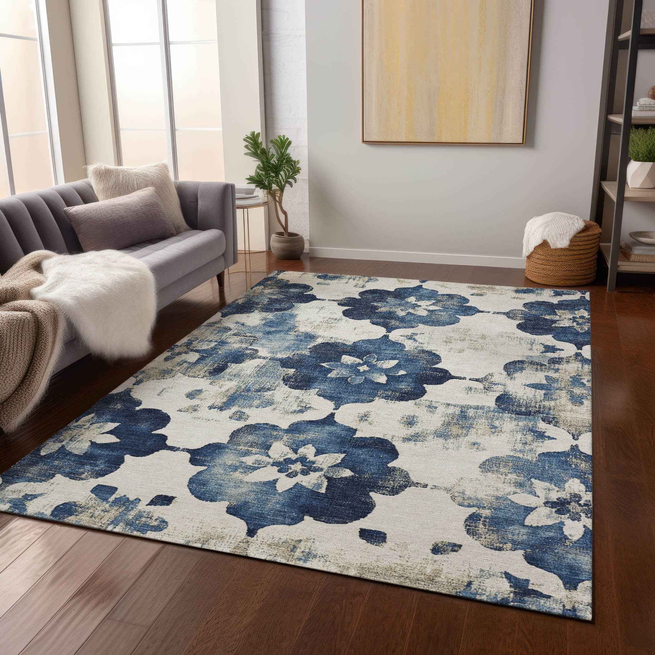 8' X 10' Navy Blue And Ivory Floral Washable Indoor Outdoor Area Rug