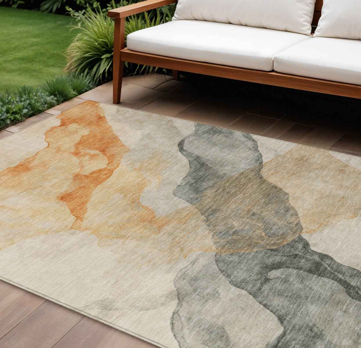 8' X 10' Orange And Gray Abstract Washable Indoor Outdoor Area Rug