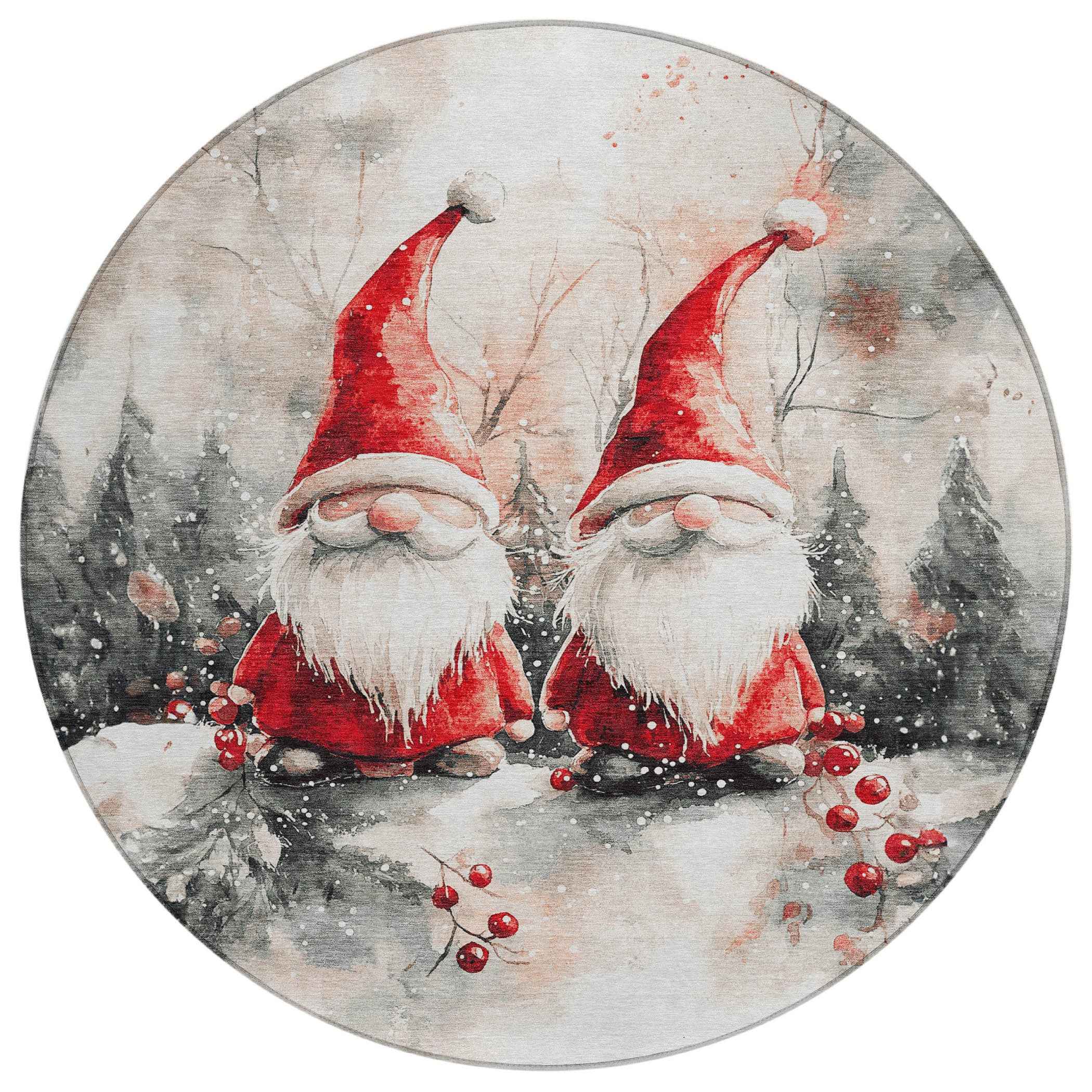 8' Ivory Red And Gray Round Botanical Leaves Washable Indoor Outdoor Area Rug