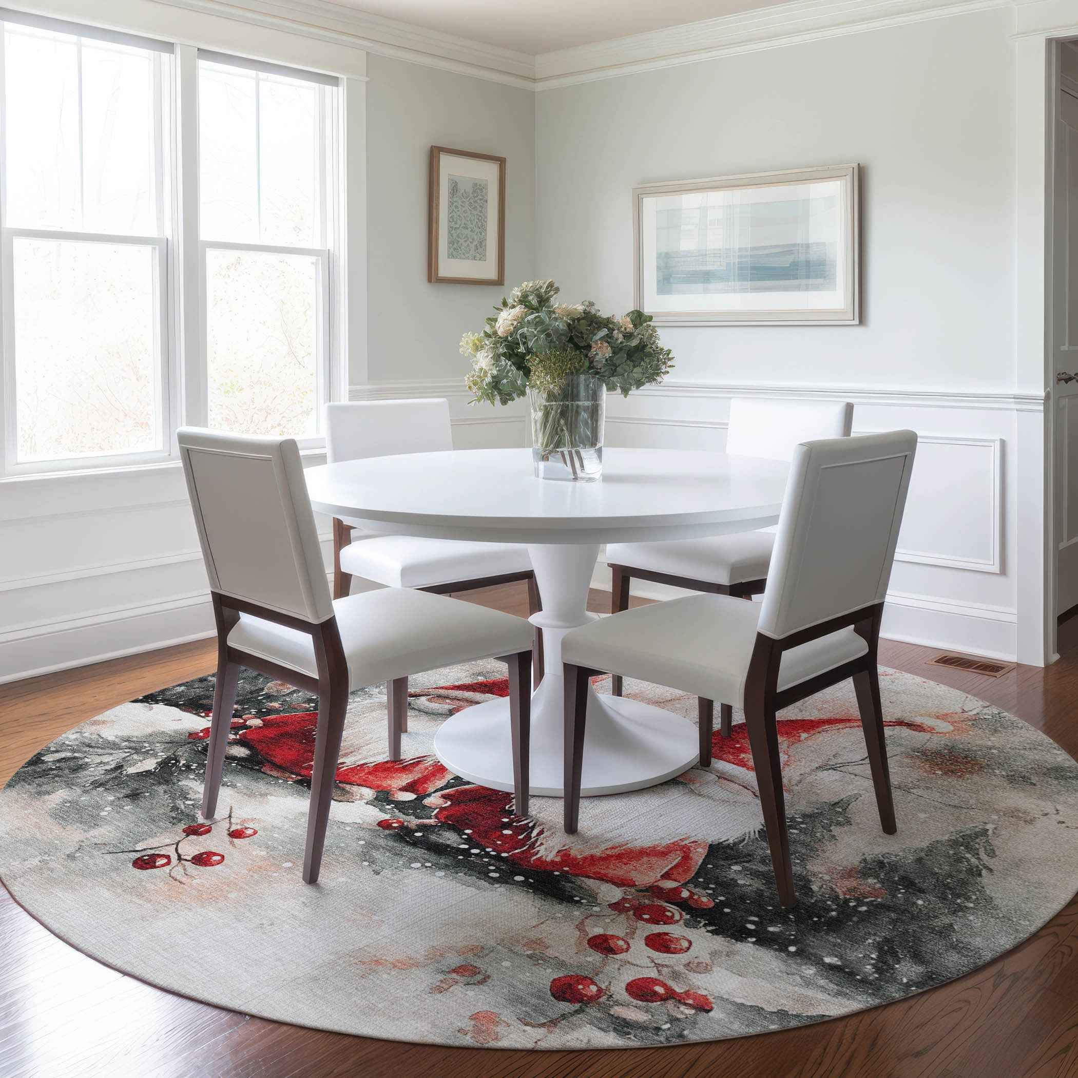 8' Ivory Red And Gray Round Botanical Leaves Washable Indoor Outdoor Area Rug