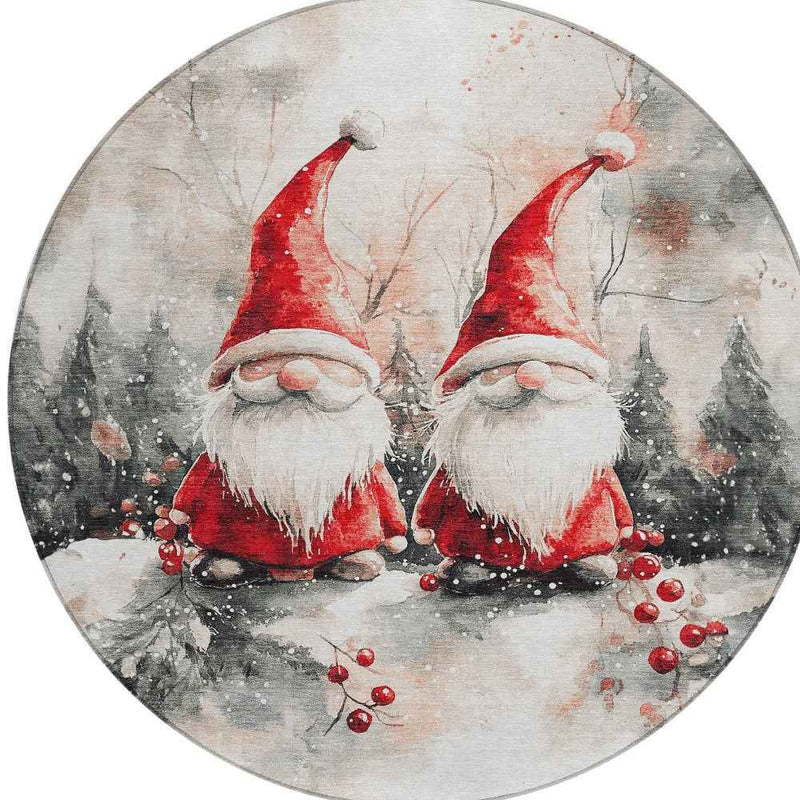 8' Ivory Red And Gray Round Botanical Leaves Washable Indoor Outdoor Area Rug