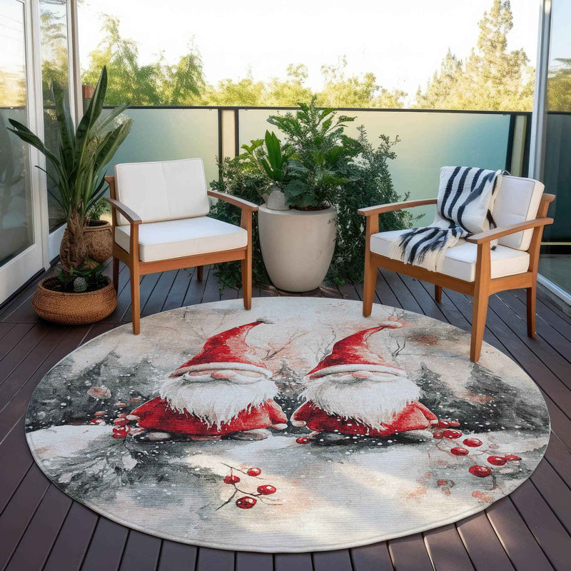 8' Ivory Red And Gray Round Botanical Leaves Washable Indoor Outdoor Area Rug