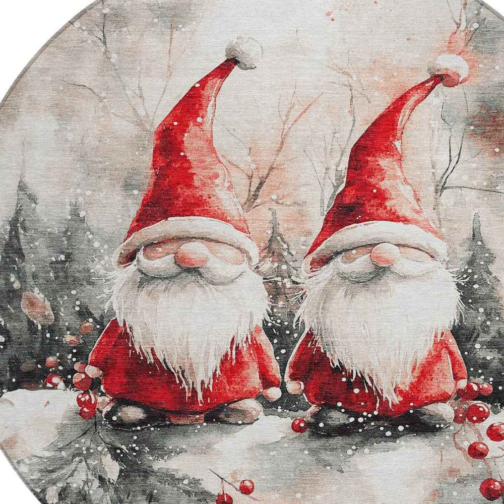 8' Ivory Red And Gray Round Botanical Leaves Washable Indoor Outdoor Area Rug