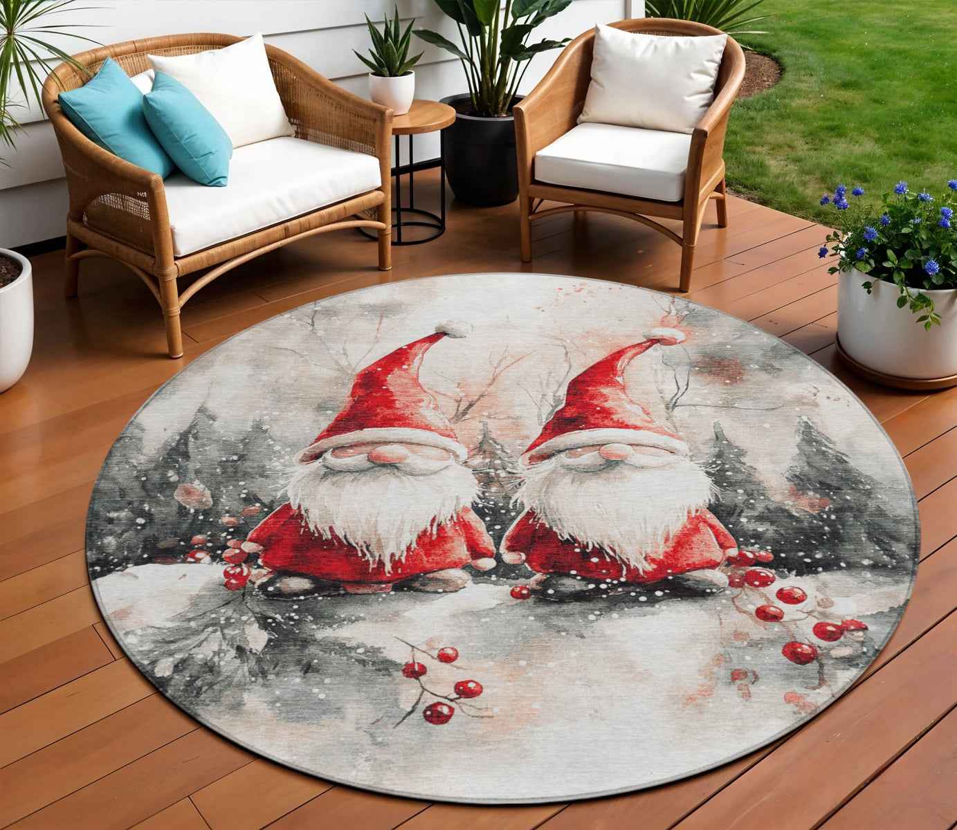 8' Ivory Red And Gray Round Botanical Leaves Washable Indoor Outdoor Area Rug