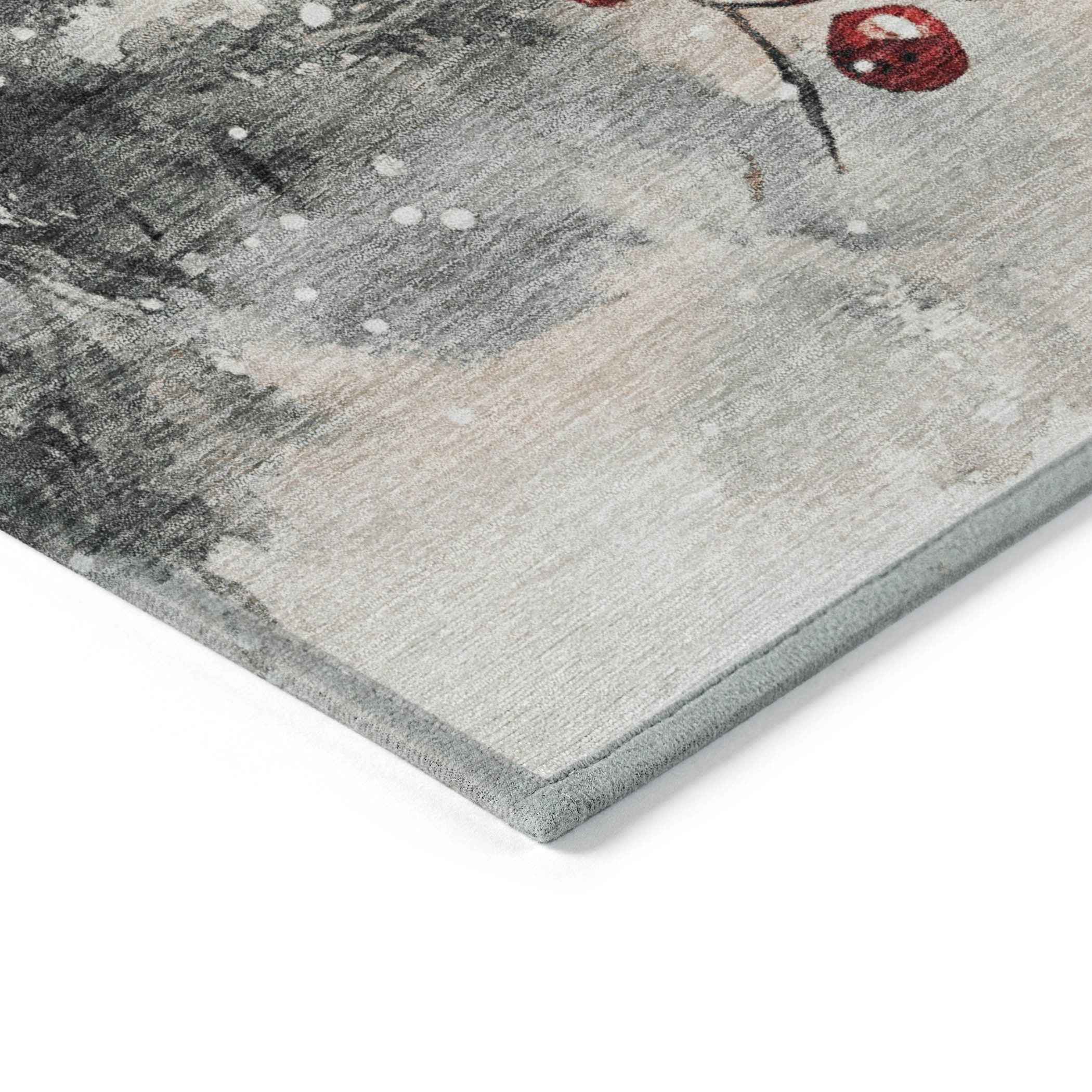 8' Ivory Red And Gray Round Botanical Leaves Washable Indoor Outdoor Area Rug