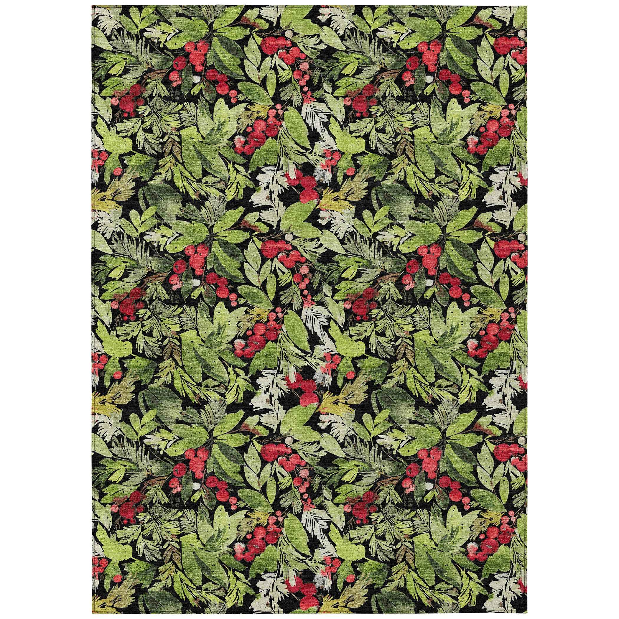 5' X 8' Black Green And Red Botanical Leaves Washable Indoor Outdoor Area Rug