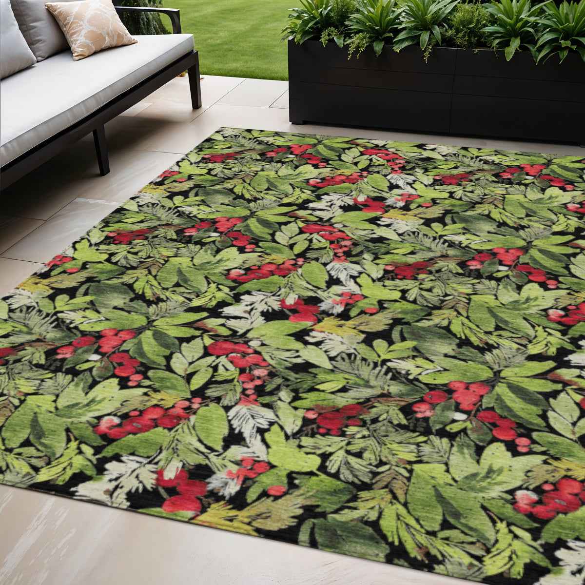 5' X 8' Black Green And Red Botanical Leaves Washable Indoor Outdoor Area Rug