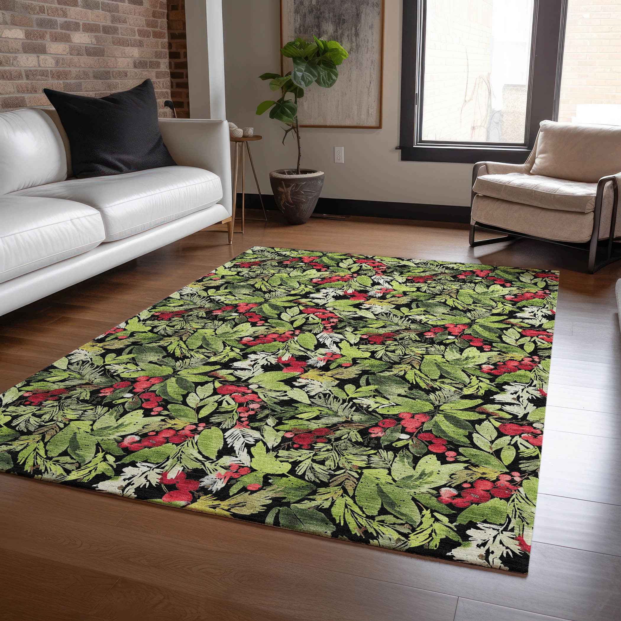 5' X 8' Black Green And Red Botanical Leaves Washable Indoor Outdoor Area Rug