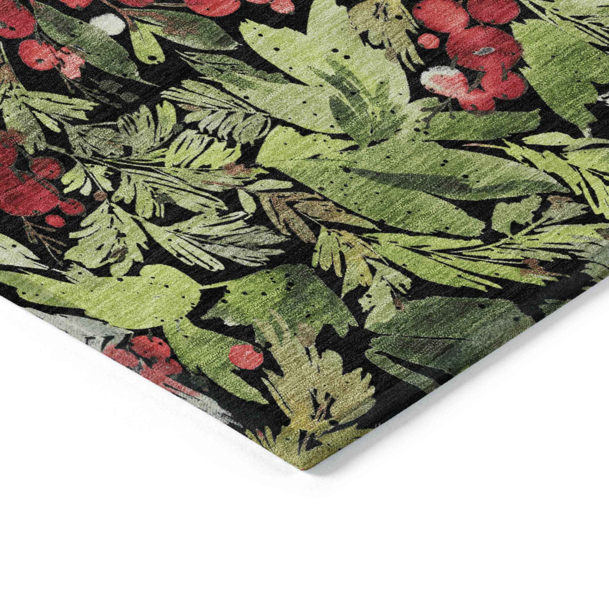 5' X 8' Black Green And Red Botanical Leaves Washable Indoor Outdoor Area Rug
