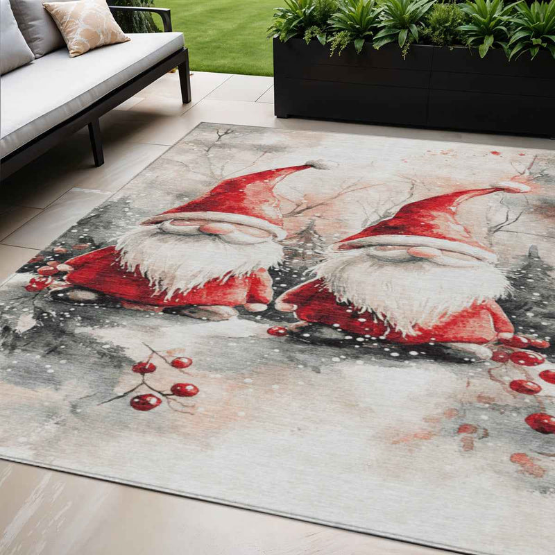 5' X 8' Ivory Red And Gray Botanical Leaves Washable Indoor Outdoor Area Rug