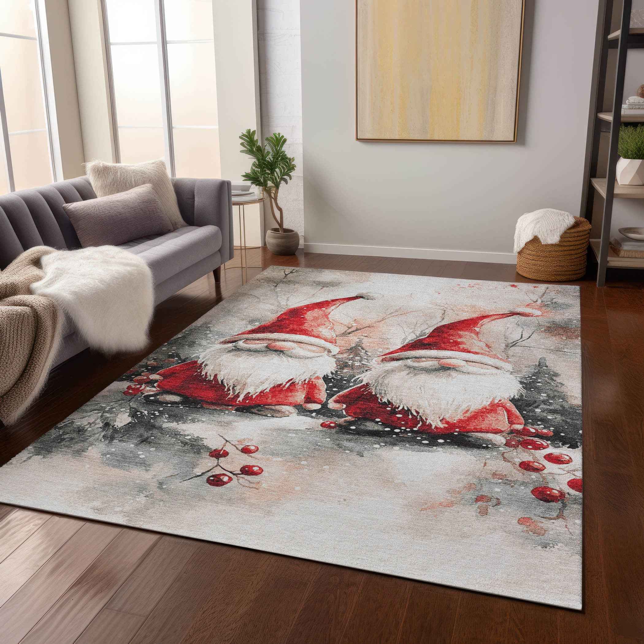 5' X 8' Ivory Red And Gray Botanical Leaves Washable Indoor Outdoor Area Rug