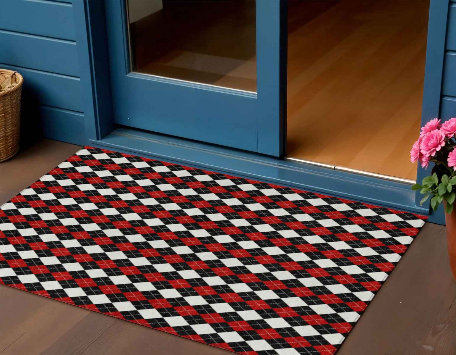 3' X 5' Black Red And White Argyle Washable Indoor Outdoor Area Rug
