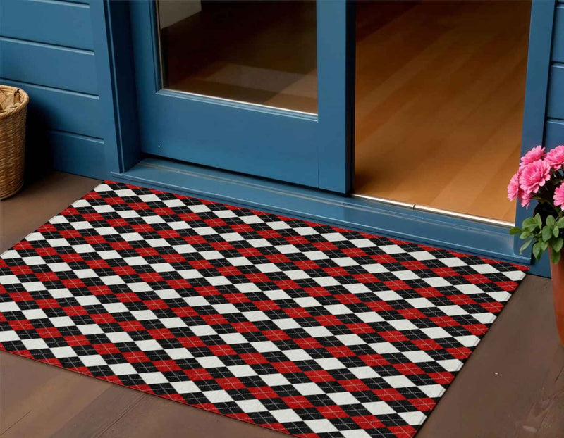 3' X 5' Black Red And White Argyle Washable Indoor Outdoor Area Rug