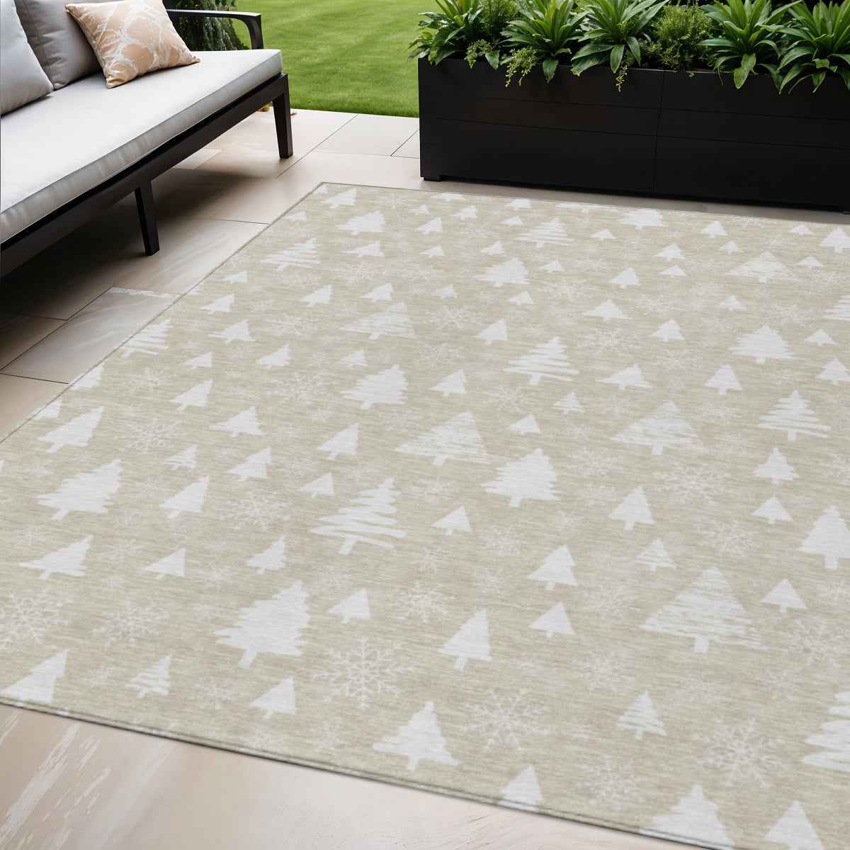5' X 8' Beige And Ivory Botanical Leaves Washable Indoor Outdoor Area Rug