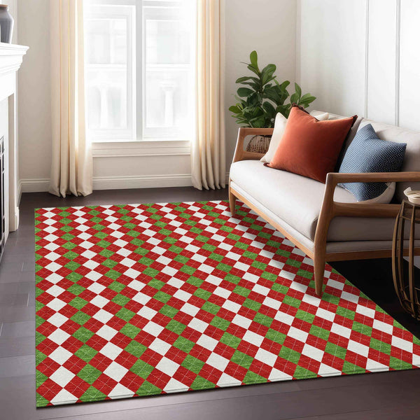8' X 10' Red White And Green Argyle Washable Indoor Outdoor Area Rug