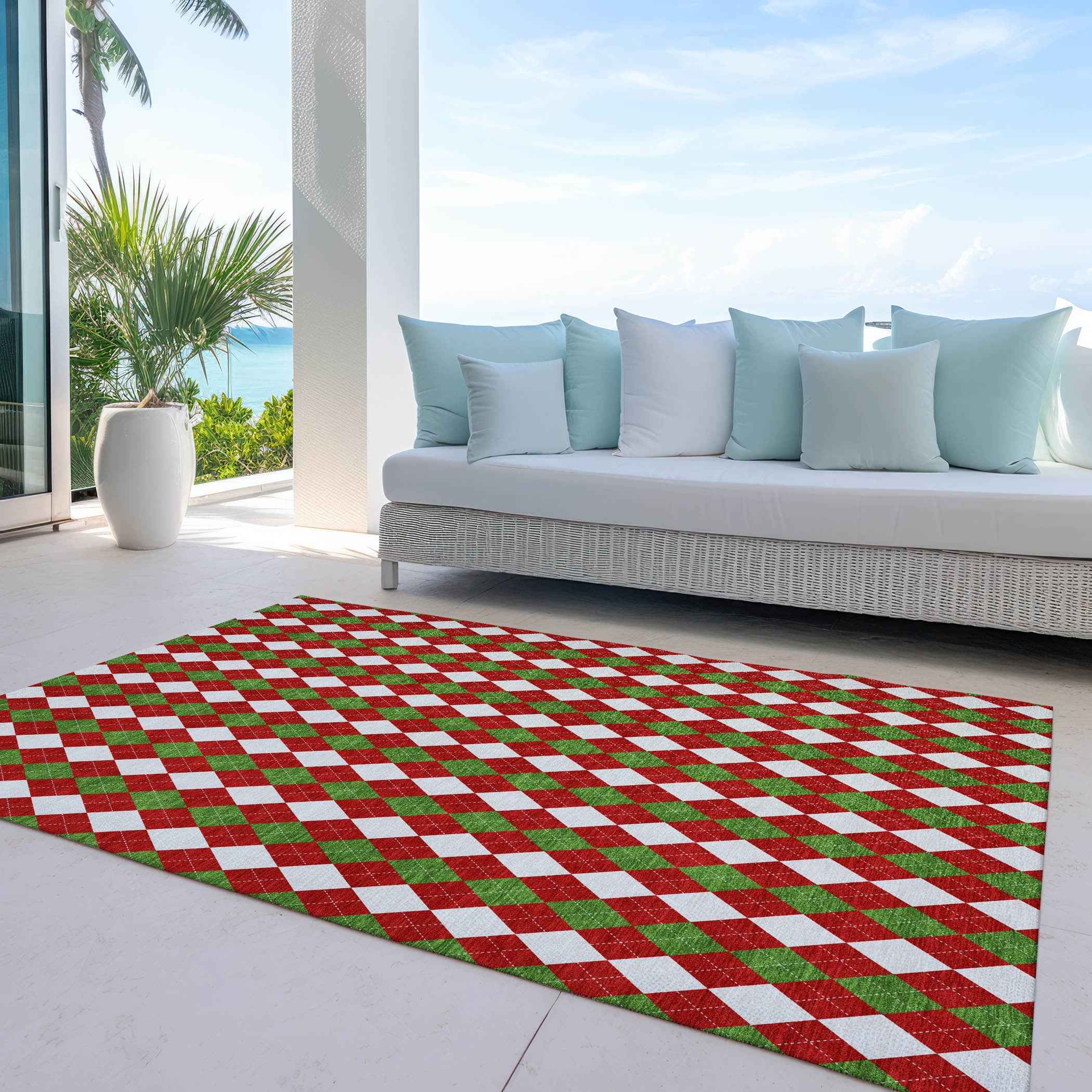 8' X 10' Red White And Green Argyle Washable Indoor Outdoor Area Rug