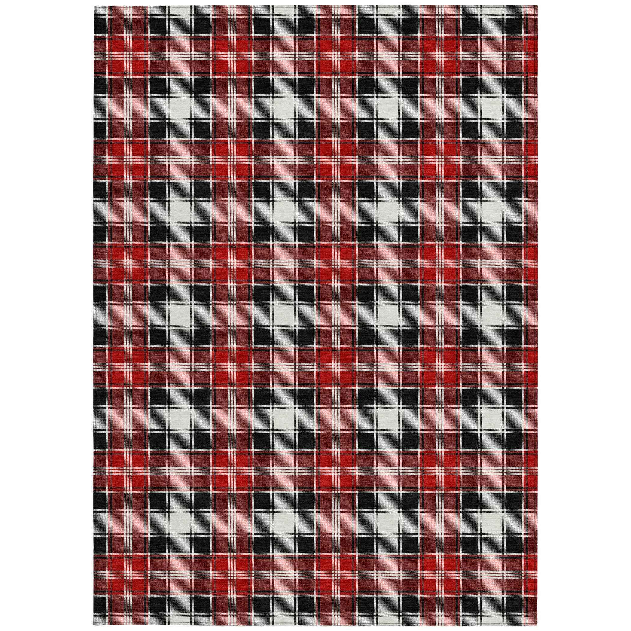 10' X 14' Black Red And White Plaid Washable Indoor Outdoor Area Rug