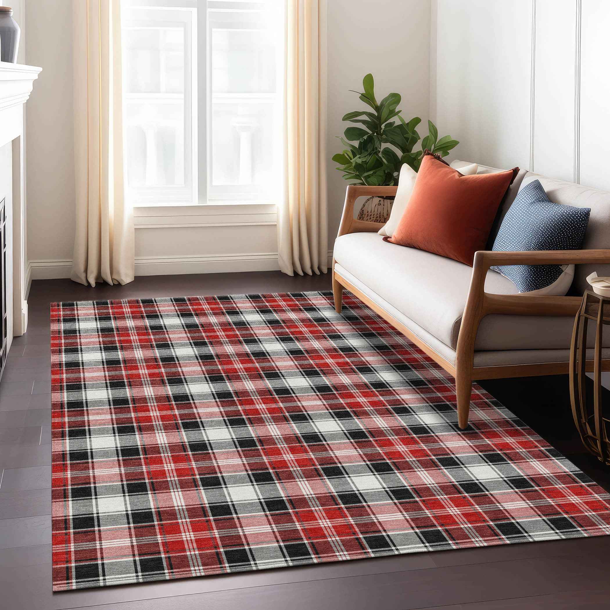 10' X 14' Black Red And White Plaid Washable Indoor Outdoor Area Rug