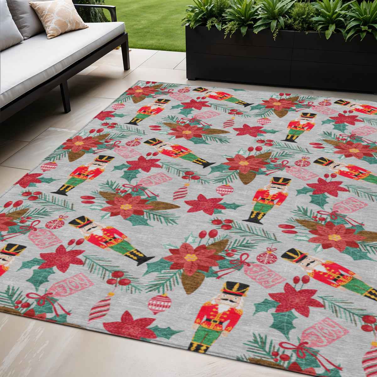 5' X 8' Silver Red Black Pink And Brown Floral Washable Indoor Outdoor Area Rug