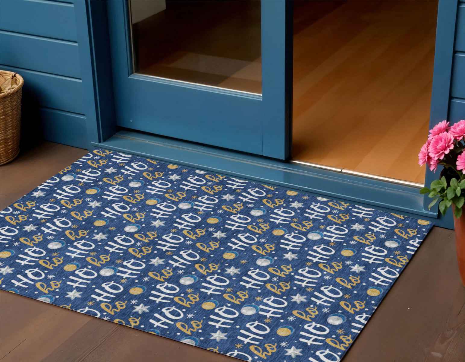 3' X 5' Navy Blue White And Gold Polka Dot Washable Indoor Outdoor Area Rug