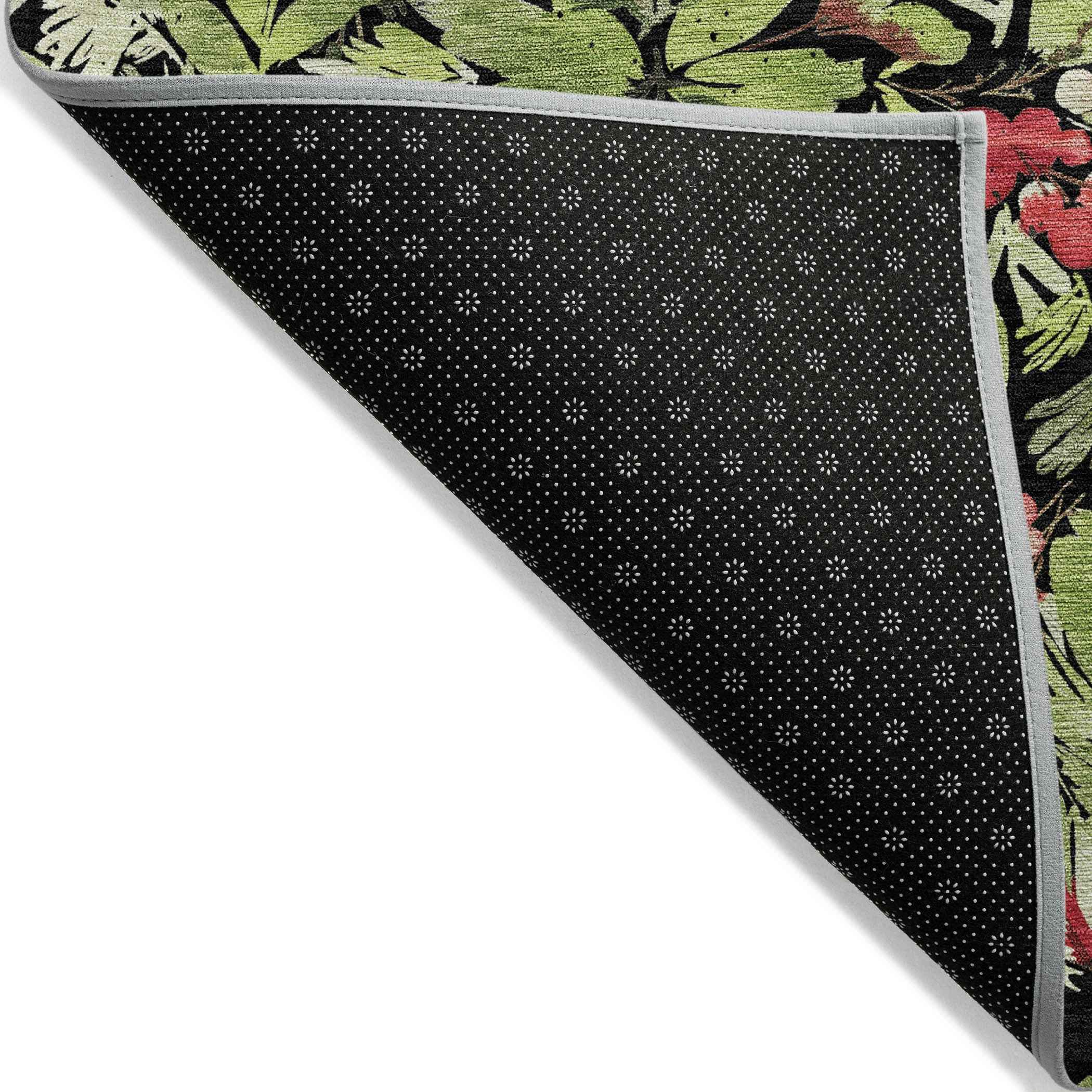 9' X 12' Black Green And Red Botanical Leaves Washable Indoor Outdoor Area Rug