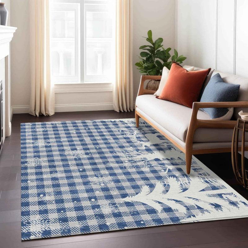 8' X 10' Blue Ivory And Gray Plaid Washable Indoor Outdoor Area Rug