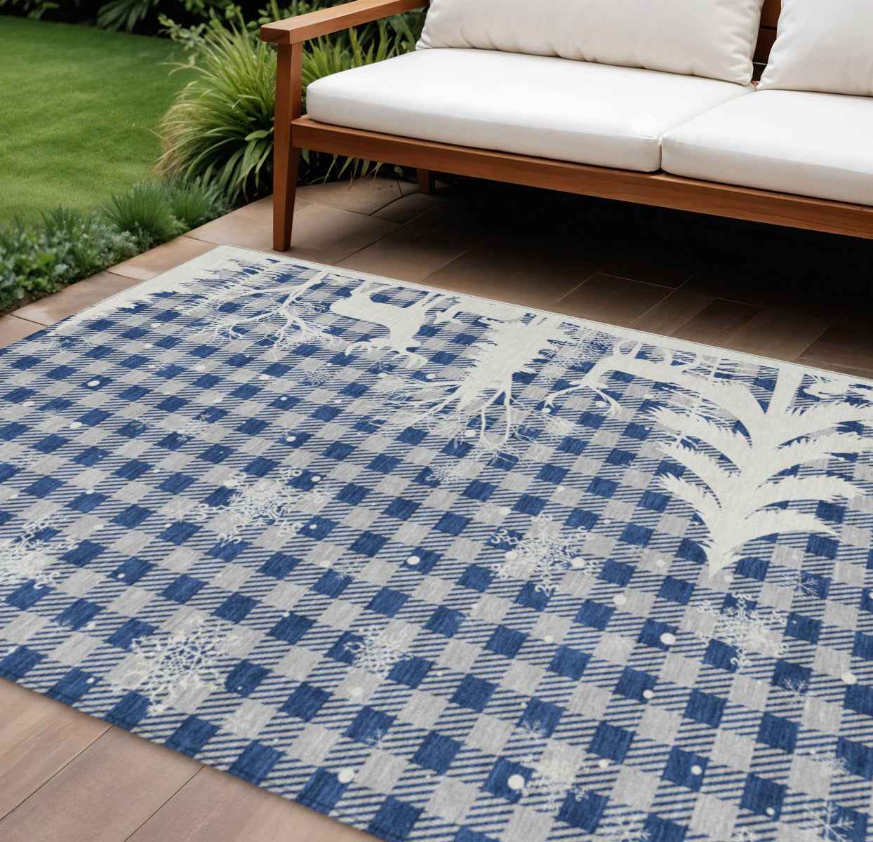 8' X 10' Blue Ivory And Gray Plaid Washable Indoor Outdoor Area Rug